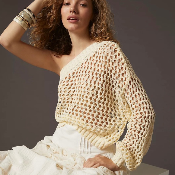 Mauve by Anthropologie One-Shoulder Crochet Layer top in cream NWOT - Picture 2 of 16
